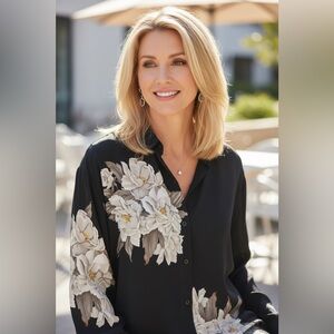 Linda Allard for Ellen Tracy Black Floral 100% Silk Button-Front Blouse Size 22